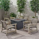Outdoor 5 Piece Wood and Wicker Club Chairs and Fire Pit Set - NH841803