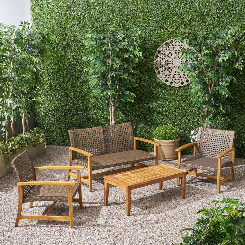 Outdoor 4 Piece Wood and Wicker Chat Set - NH861803