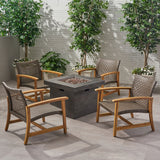 Outdoor 5 Piece Wood and Wicker Club Chairs and Fire Pit Set - NH451803