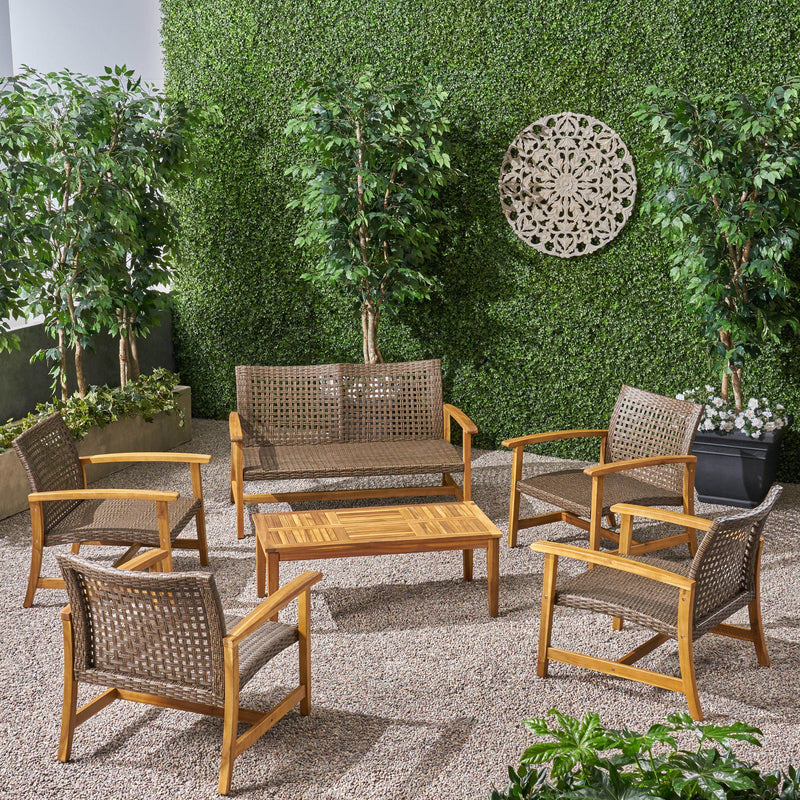 Outdoor 6 Piece Wood and Wicker Chat Set - NH371803