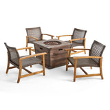 Outdoor 4 Piece Wood and Wicker Club Chair Set with Fire Pit - NH818703