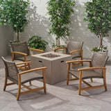 Outdoor 5 Piece Wood and Wicker Club Chairs and Fire Pit Set - NH841803