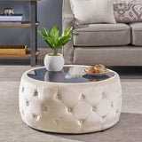 Glam Velvet and Tempered Glass Coffee Table Ottoman - NH197403