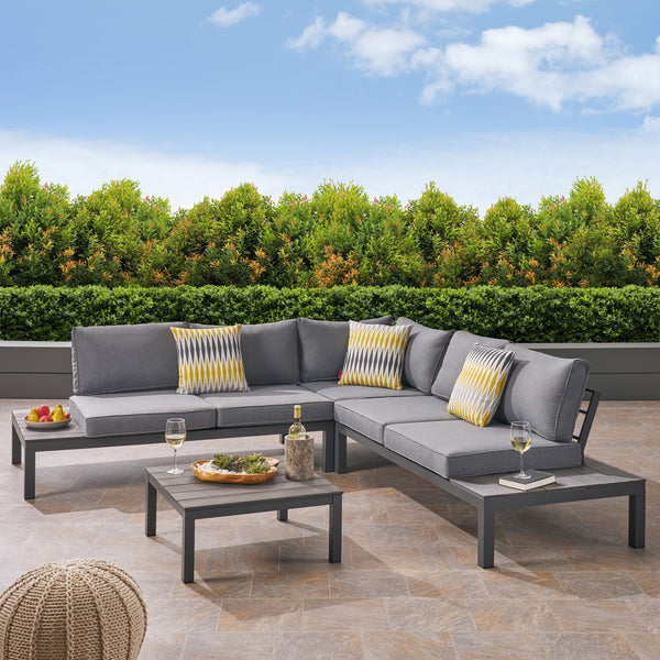 Outdoor Aluminum and Wood V-Shaped Sofa Set with Cushions - NH464603