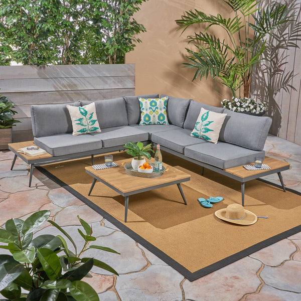 Outdoor Wood and Aluminum V-Shaped 5 Seater Sofa Set - NH321503