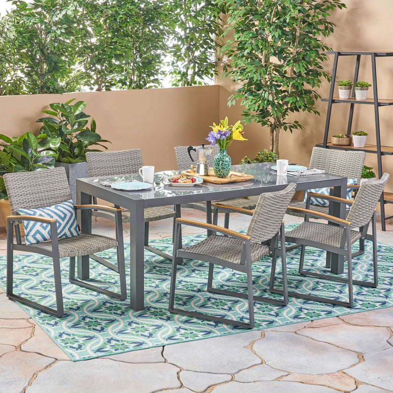 Outdoor Aluminum and Wicker 7 Piece Dining Set with Glass Table Top, Gray and Gray - NH486503