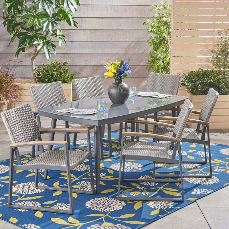 Outdoor 7 Piece Aluminum and Wicker Dining Set with Glass Top - NH303503
