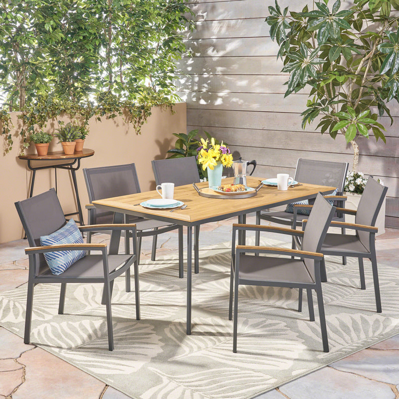 Outdoor 7 Piece Aluminum and Mesh Dining Set with Wood Top - NH102503