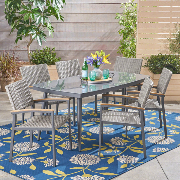 Outdoor 7 Piece Aluminum and Mesh Dining Set with Glass Top - NH004503