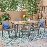 Outdoor 7 Piece Aluminum and Mesh Dining Set with Wood Top - NH102503