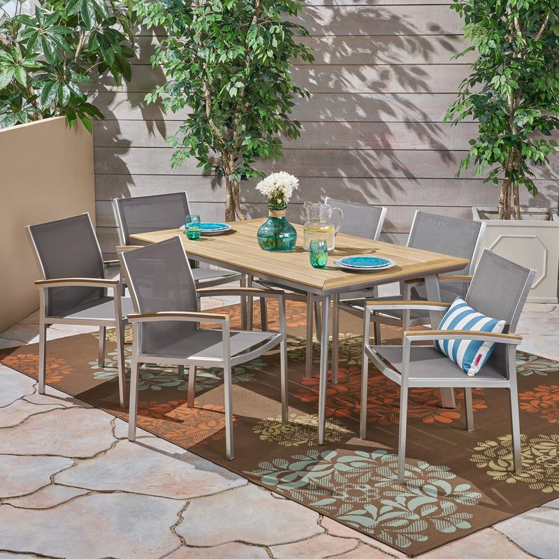 Outdoor Aluminum 7-Piece Dining Set with Mesh Chairs and Faux Wood Top - NH098503