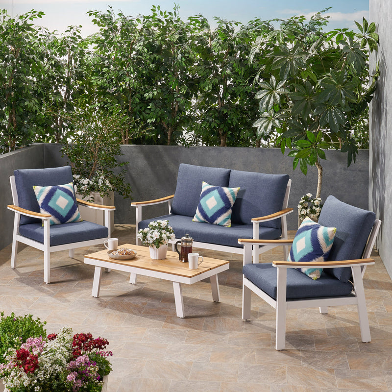 Outdoor 4 Piece Aluminum and Faux Wood Chat Set with Cushions - NH332803