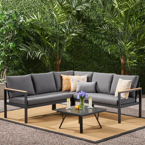 Outdoor Aluminum V-Shaped Sofa Set with Faux Wood Accents, Gray Finish and Gray - NH503903