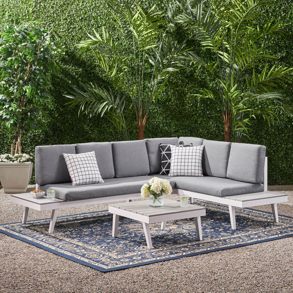 Outdoor Aluminum Sofa Sectional with Faux Wood Accents, White and Gray - NH343903