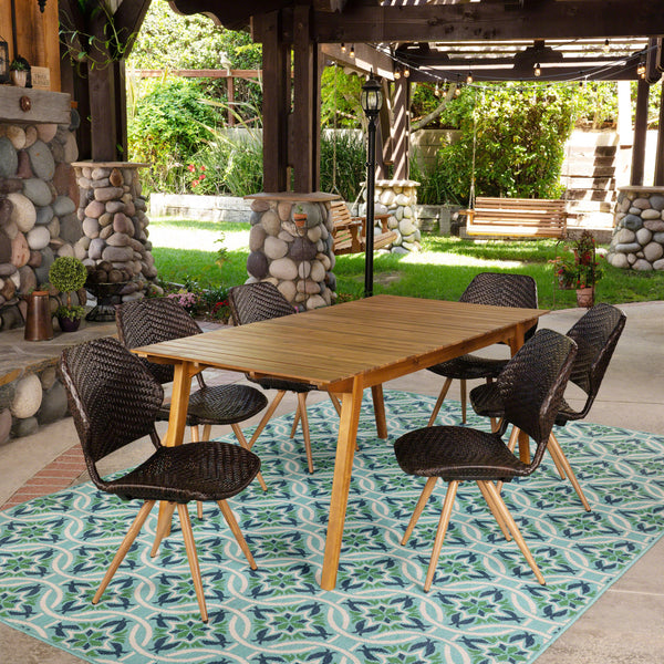 Outdoor 7 Piece Acacia Wood and Wicker Dining Set, Teak and Multibrown - NH247403