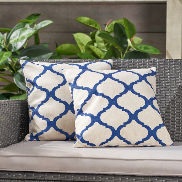 Outdoor 18-inch Water Resistant Square Pillows, Blue on Beige - NH015503