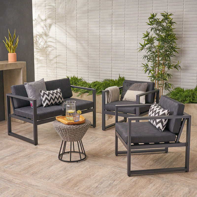 Outdoor 4 Seater Aluminum Chat Set, Silver with Dark Grey Cushions - NH976403