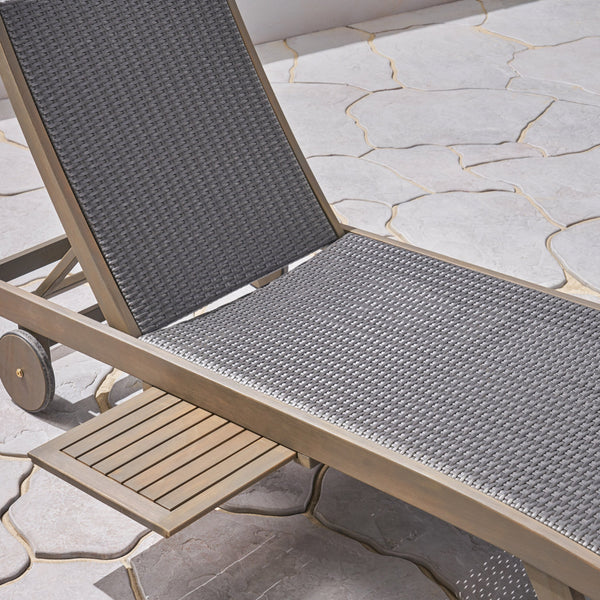 Outdoor Wicker and Wood Chaise Lounge with PullOut Tray NH276703