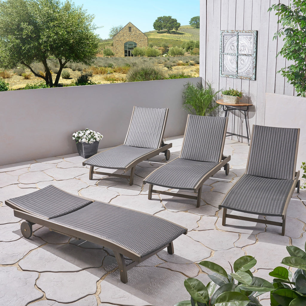Outdoor Wicker and Wood Chaise Lounge with PullOut Tray NH276703