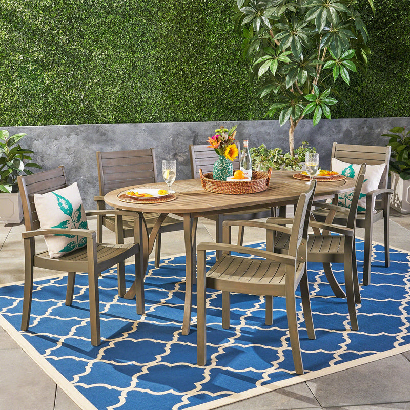 Outdoor 6-Seater Oval Acacia Wood Dining Set - NH394603