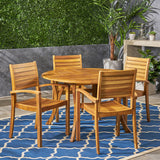 Outdoor Rustic 5 Piece Round Acacia Wood Dining Set with Slats - NH294603