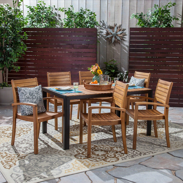 Outdoor 6-Seater Rectangular Acacia Wood Dining Set, Teak and Black - NH903603