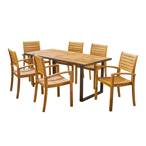 Outdoor 6-Seater Rectangular Acacia Wood Dining Set, Teak and Black - NH203603