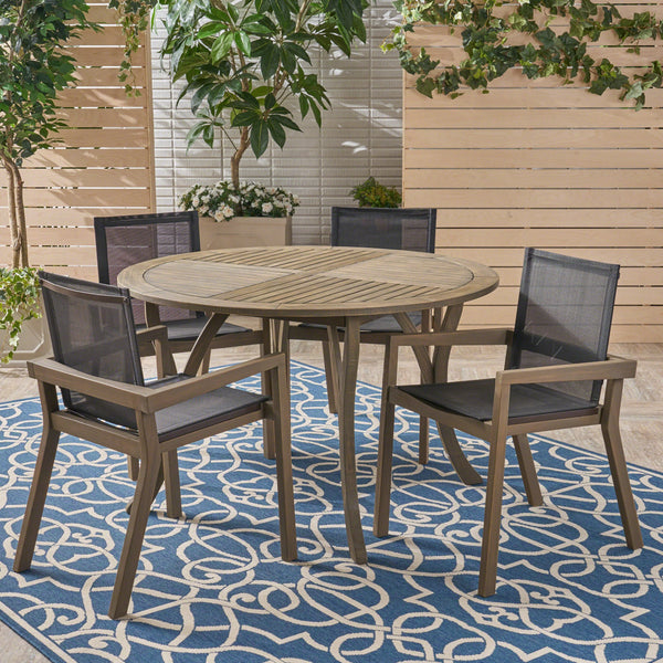 Outdoor Acacia Wood 5 Piece Round Dining Set with Mesh Seats - NH059603