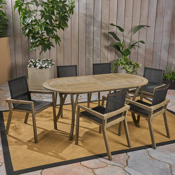 Outdoor Acacia Wood 6 Seater Patio Dining Set with Mesh Seats - NH359603