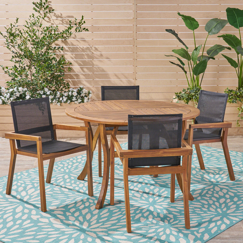 Outdoor Acacia Wood 5 Piece Round Dining Set with Mesh Seats - NH059603