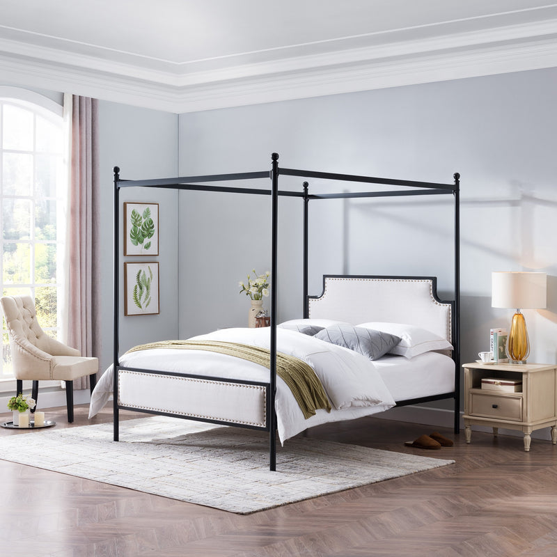 Queen Size Iron Canopy Bed Frame with Upholstered Studded Headboard - NH118803