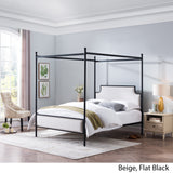 Queen Size Iron Canopy Bed Frame with Upholstered Studded Headboard - NH118803