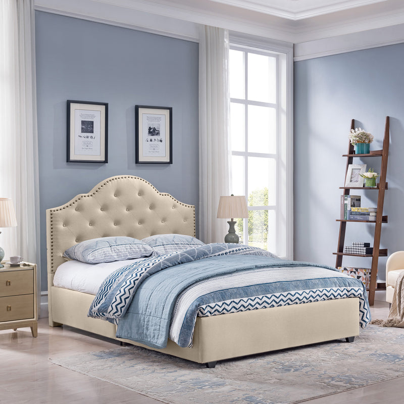 Button-Tufted Camelback Queen Bed Frame with Nailhead Trim - NH698603