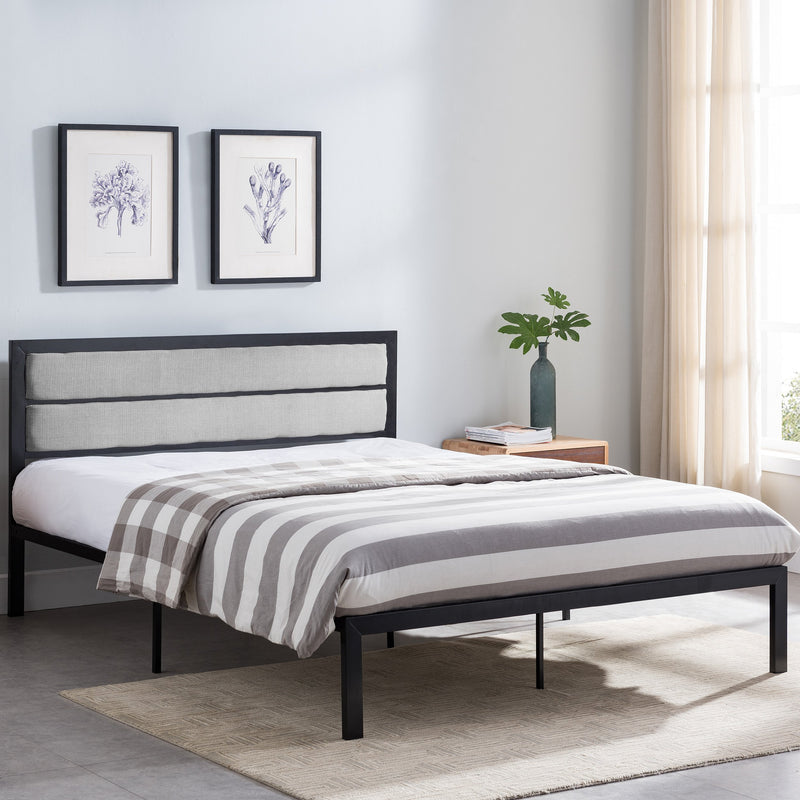 Minimalistic Modern Iron Queen Bed Frame with Fabric Upholstered Headboard - NH656603