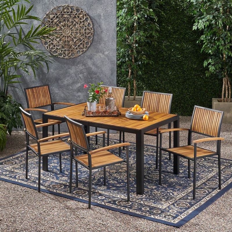 Outdoor 6 Seater Acacia Wood Dining Set with an Iron Frame - NH117903