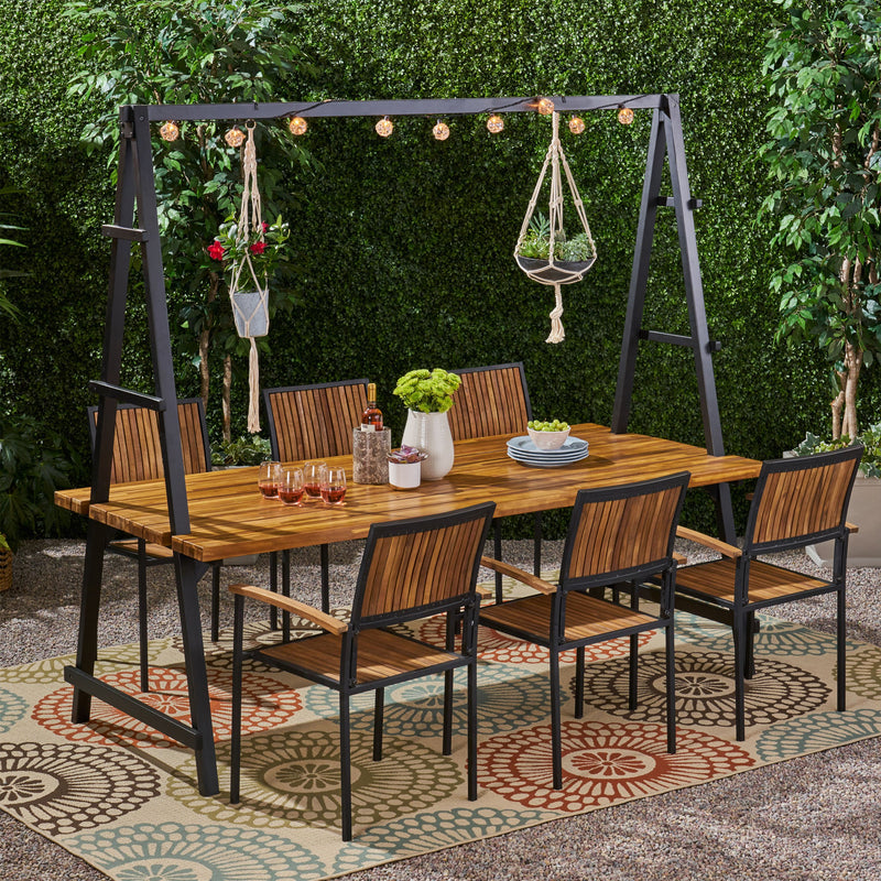Outdoor 6 Seater Acacia Wood and Iron Planter Dining Set - NH127903