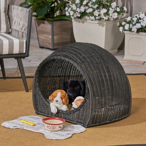 Outdoor Wicker Igloo Cushioned Pet Bed - NH872603