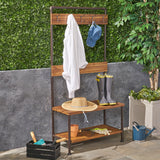 Outdoor Industrial Acacia and Iron Bench with Shelf and Coat Hooks - NH174503
