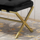 Cushioned Bench, Velvet, Gold Chrome Iron Cross Legs, Glam, Button-Tufted - NH924703