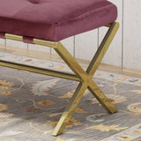 Cushioned Bench, Velvet, Gold Chrome Iron Cross Legs, Glam, Button-Tufted - NH924703
