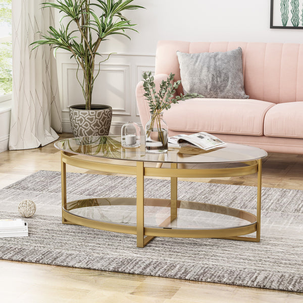 Modern Glam Tempered Glass Oval Coffee Table with Iron Frame - NH766603