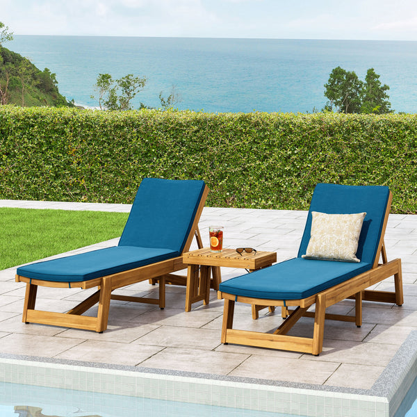 Outdoor Acacia Wood 3 Piece Chaise Lounge Set with Water-Resistant Cushions - NH927213