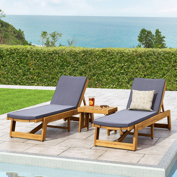 Outdoor Acacia Wood 3 Piece Chaise Lounge Set with Water-Resistant Cushions - NH927213