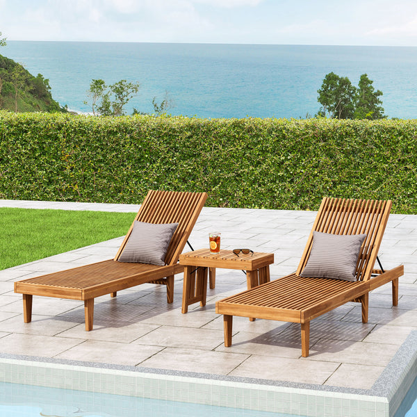 Outdoor Acacia Wood 3 Piece Chaise Lounge Set - NH837213