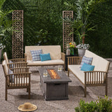 Outdoor 6 Piece Acacia Wood Sofa and Loveseat Conversational Set with Fire Pit - NH602803