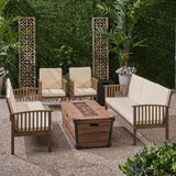 Outdoor 4 Piece Acacia Wood Conversational Sofa Set with Cushions and Fire Pit - NH328703