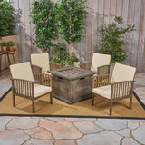 Outdoor 4-Seater Acacia Wood Club Chairs with Firepit, Gray Finish and Cream and Wood Pattern - NH290603
