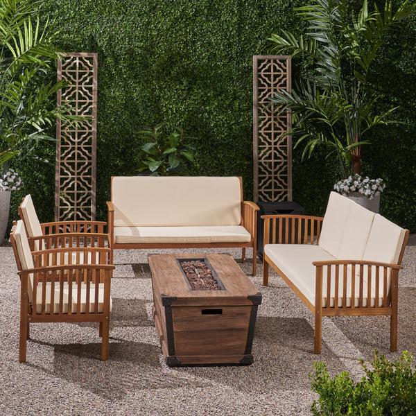 Outdoor 4 Piece Acacia Wood Conversational Set with Cushions and Fire Pit - NH528703