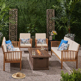 Outdoor 6 Piece Acacia Wood Sofa Conversational Set with Fire Pit - NH402803