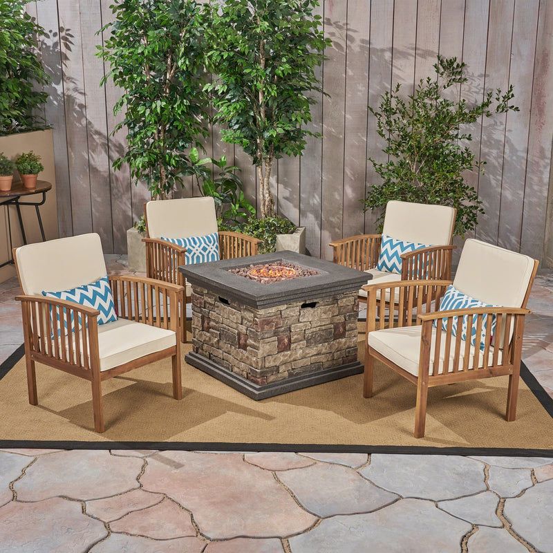 Outdoor 4-Seater Acacia Wood Club Chairs with Firepit, Brown Patina Finish and Cream and Stone - NH780603